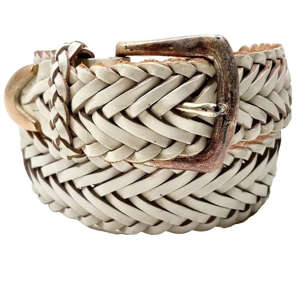 Vintage Brighton White Braided Leather Weave Belt Size S M Womens Brass Made USA